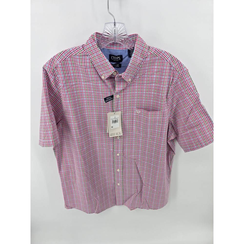Chaps Mens Pink Green Plaid Short Sleeve Button Down Stretch Shirt Size M NEW